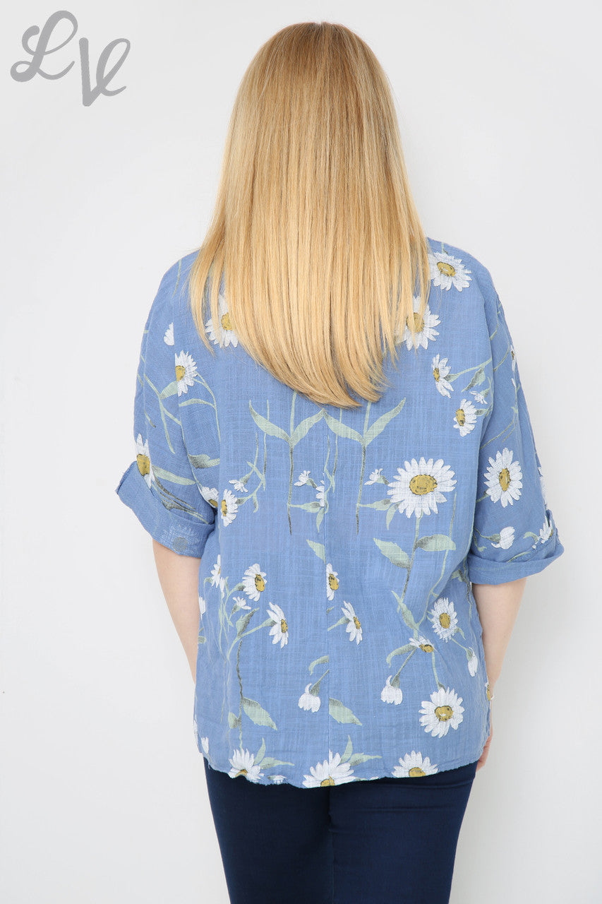TOP MET DAISY-PRINT EN DENIM