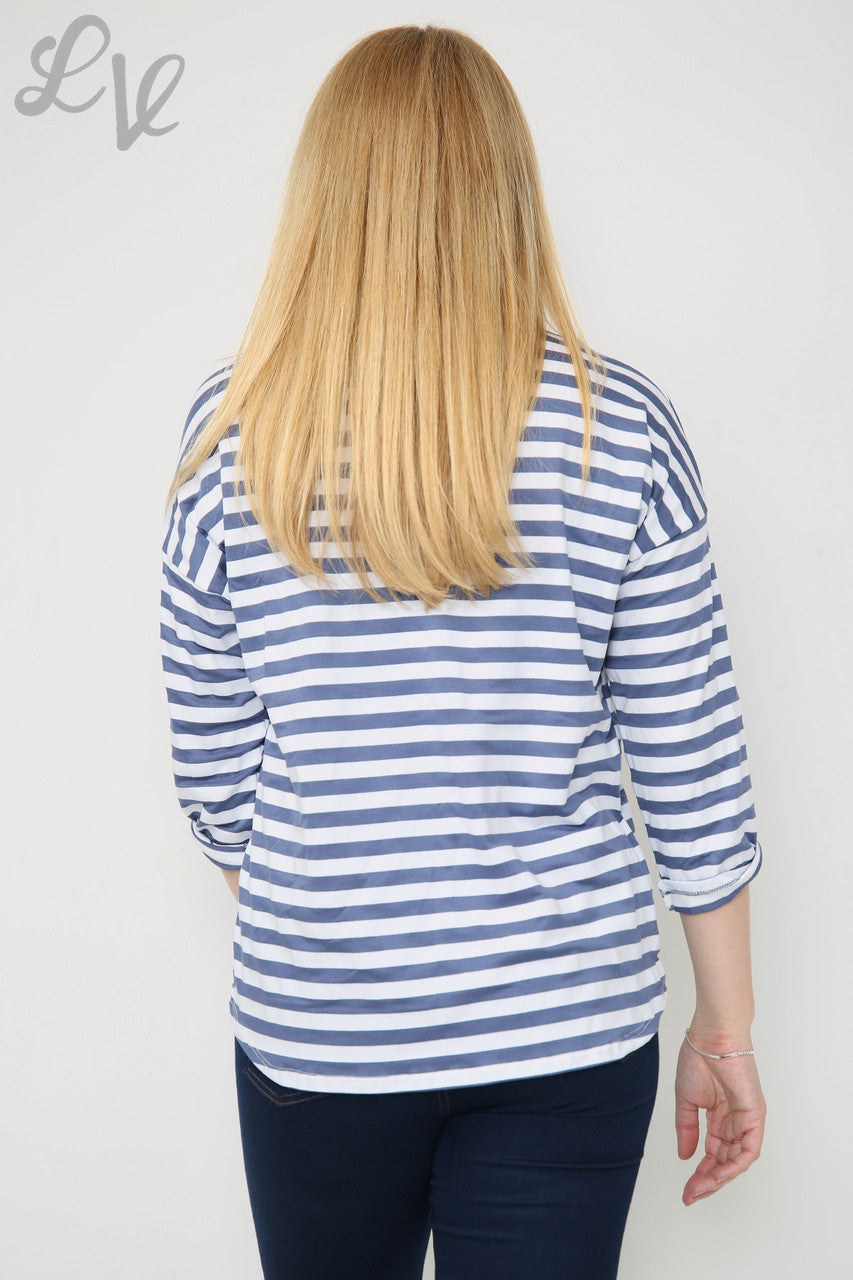 Dames gestreept topje met oprolbare mouwen Denim Prijs WAS €8,99 NU €5