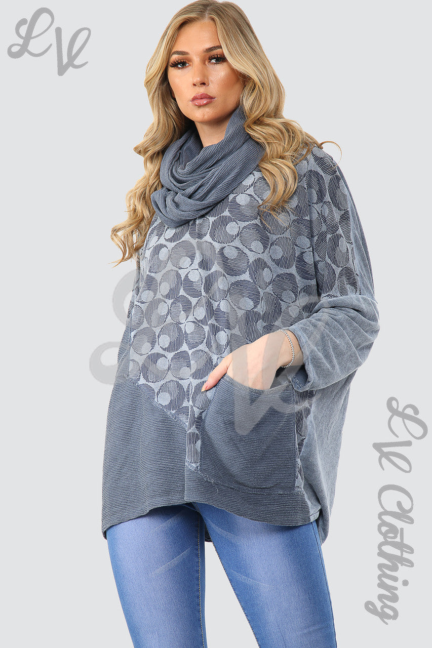 Ladies Circle Print Oversized Top With Scarf Denim - Unit Price £16.99