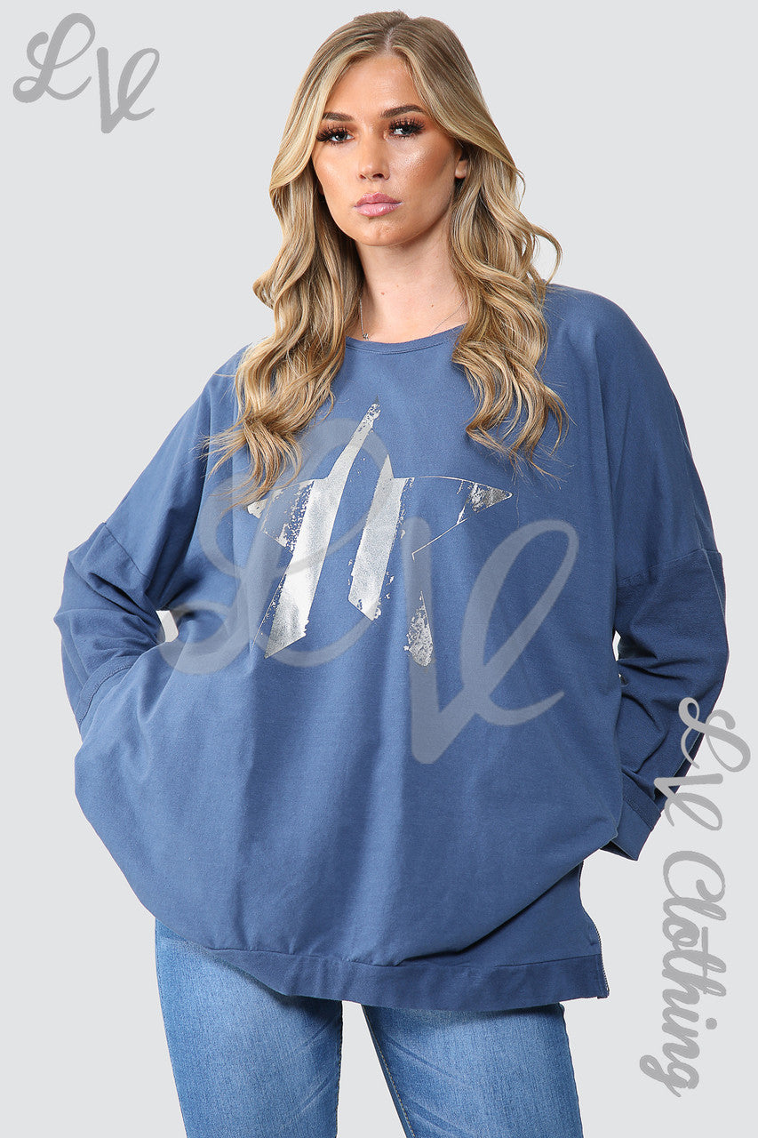 Dames Folie Ster Graphic Sweatshirt Tuniek Top Jeans - Stukprijs £15,99