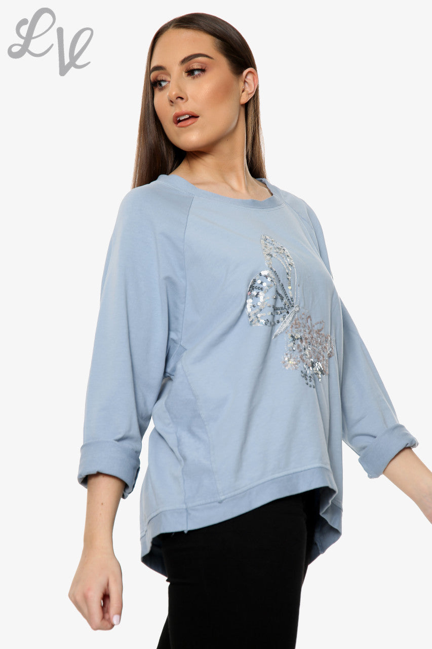 Dames Top Met Pailletten Vlinderdetail Denim Eenheidsprijs WAS €13,99 NU €6,99