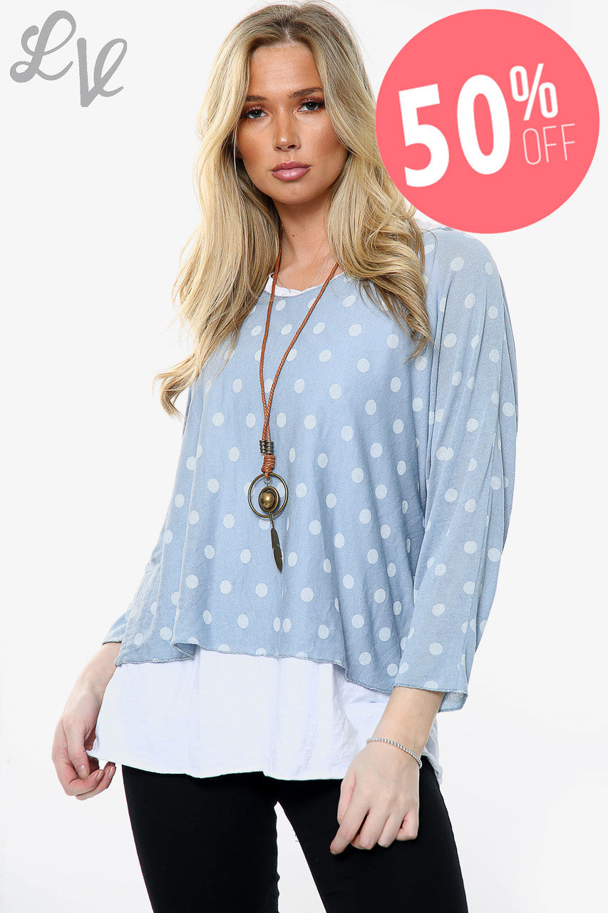 Ladies Polka Dot Print 2 Layer Top With Necklace Denim Unit Price WAS £13.99 NOW £6.99