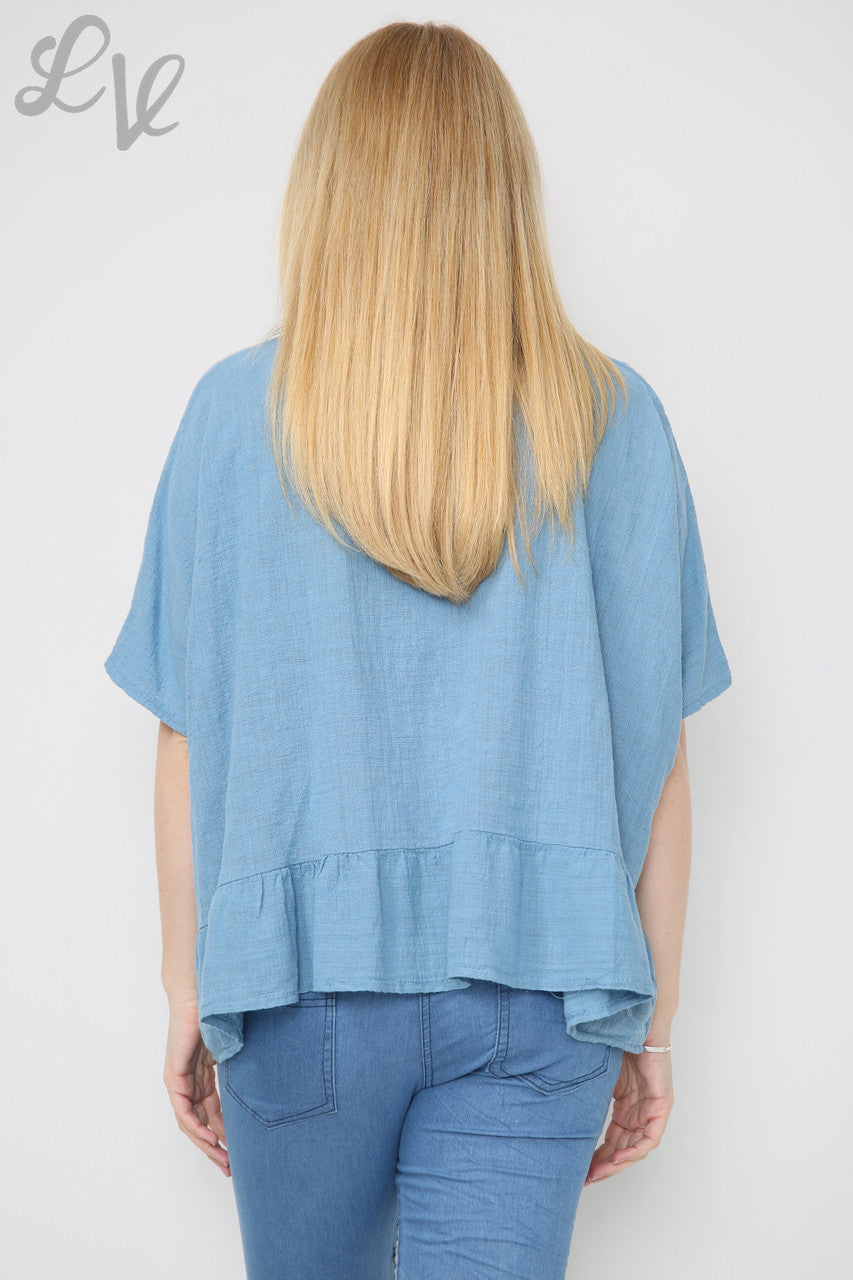 Dames frill zoom top met ketting spijkerstof