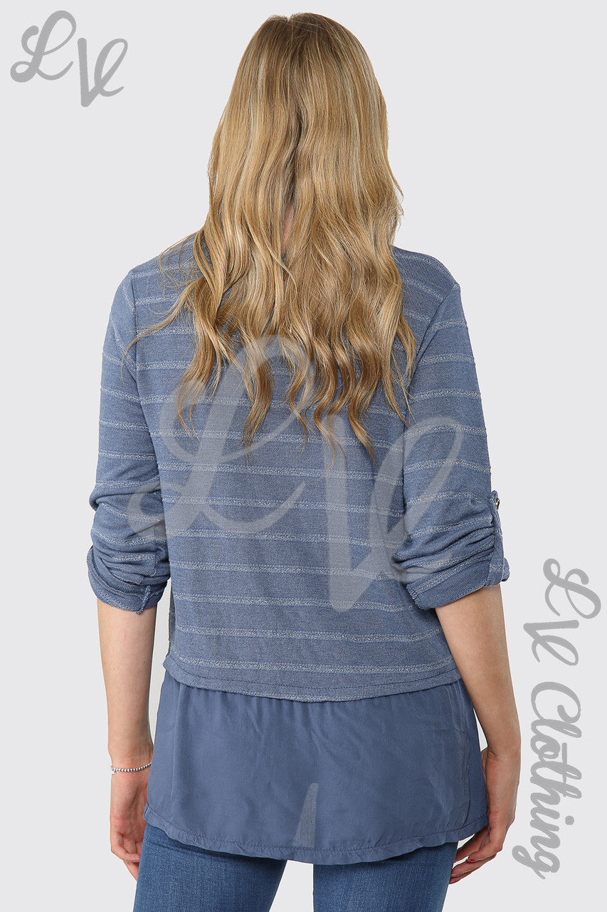 Ladies Lurex Stripe Top With Button Detail Denim - Unit Price £12.99