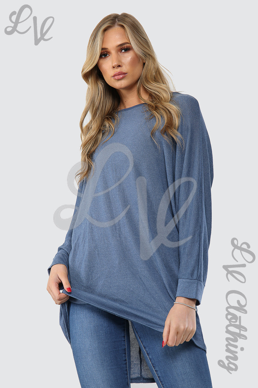 Ladies Plain Hi Lo Fine Knit Tunic Top Denim - Unit Price WAS £12.99 NOW £4.99