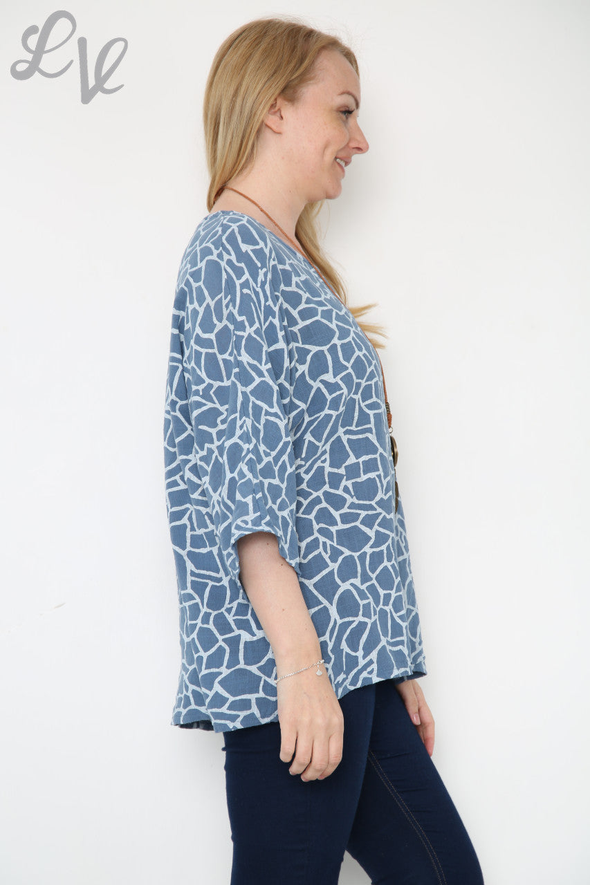 CRACK EFFECT PRINT TOP DENIM