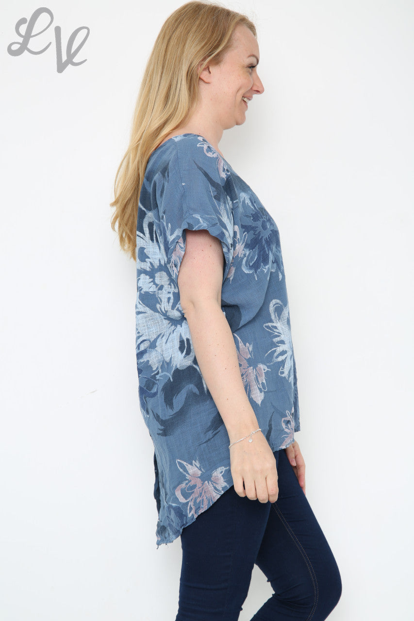Dames Bloemen Abstracte Print Top Denim