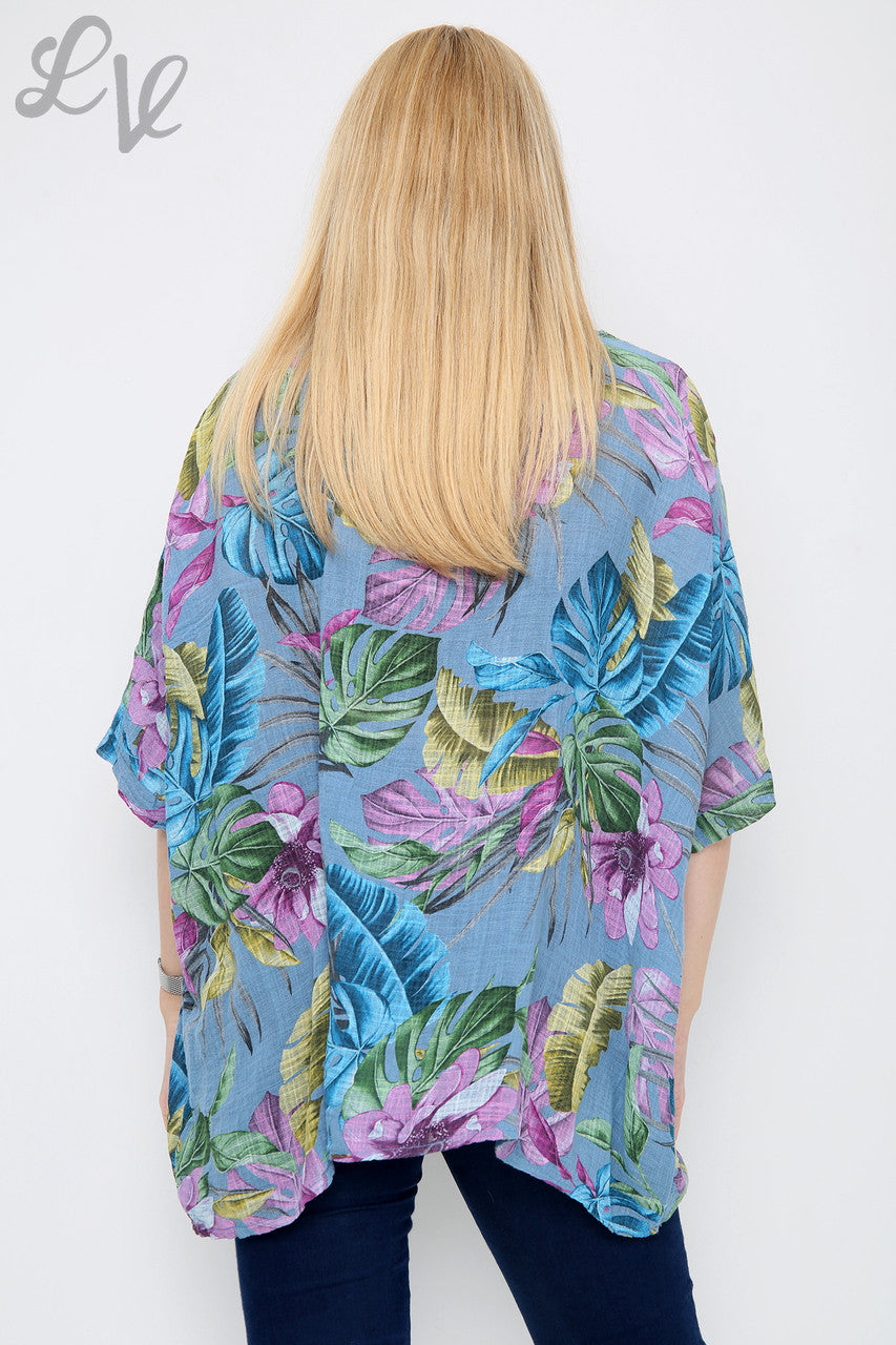 Dames top met tropische print van spijkerstof - Stukprijs € 9,99