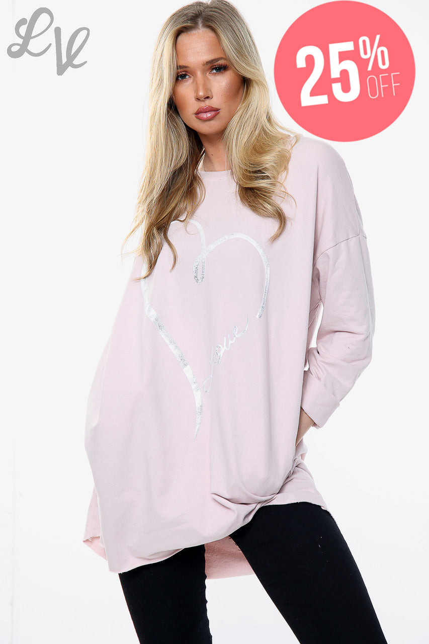 Damesfolie Hart Liefde Grafisch Sweatshirt Top Stoffig Roze Stukprijs WAS €12,99 NU €9,74