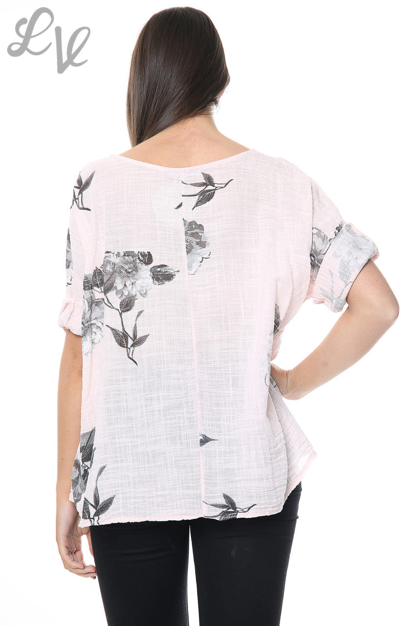 Dames Bloem Schets Eenvoudige Top Stoffig Roze Stukprijs € 7,99