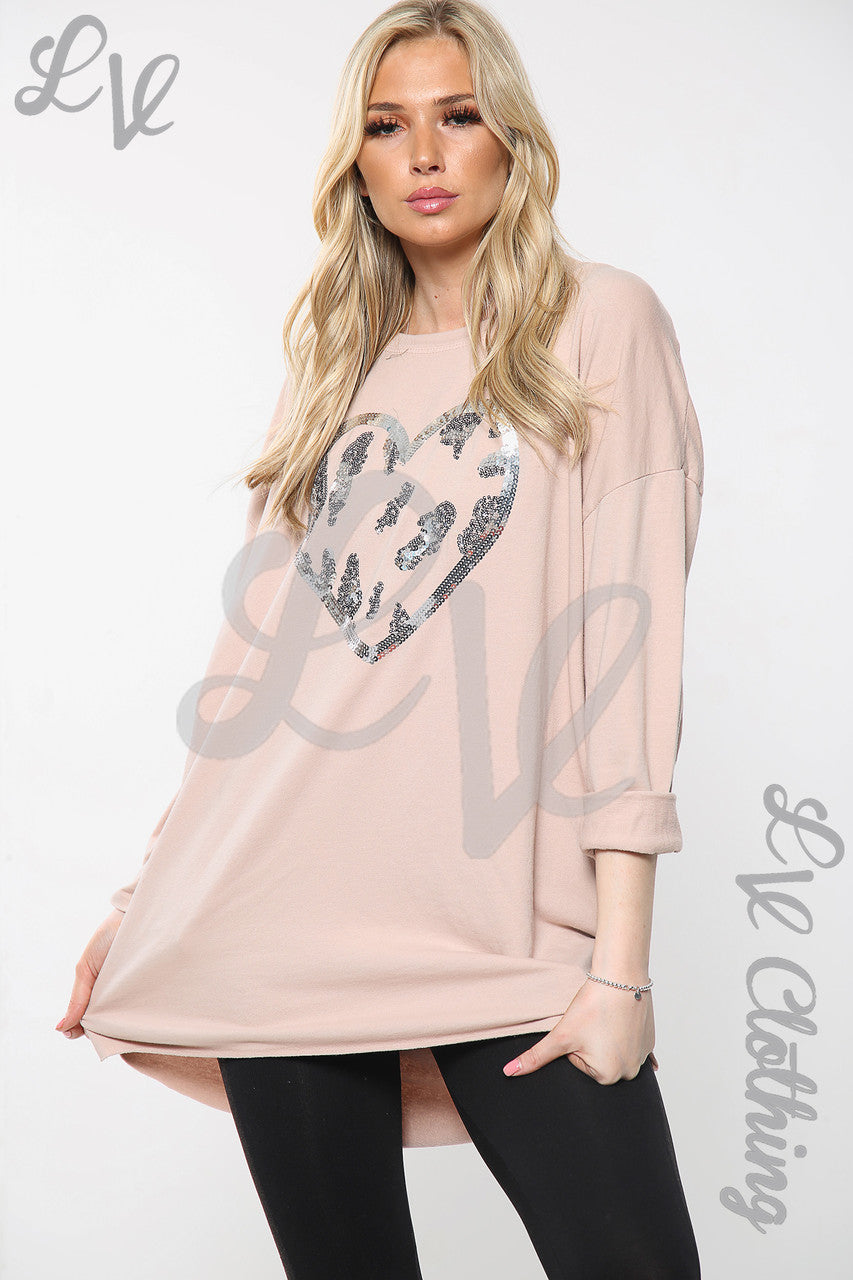 Dames oversized top met lovertjeshartprint stofroze Prijs per stuk £15,99