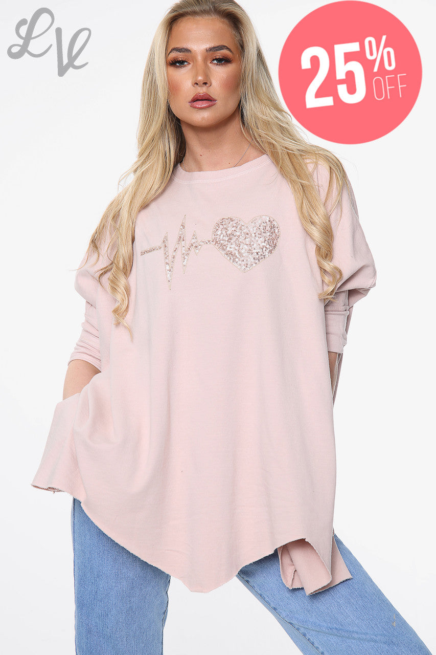 Dames Graphic Sweatshirt Top met Hartslag Dusty Pink Stuksprijs WAS €13,99 NU €10,49