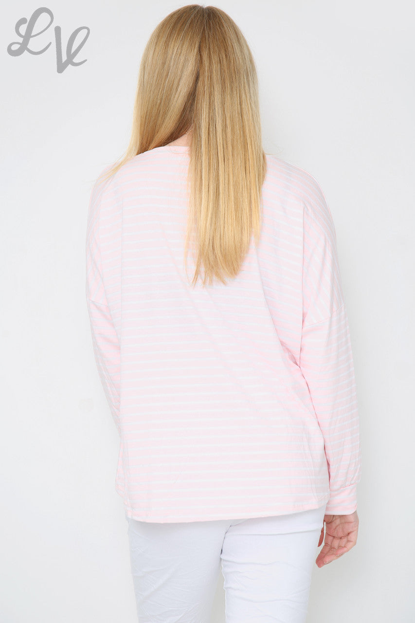 Dames T-shirt met Strepen & Sterren Oudroze Stukprijs €8,99