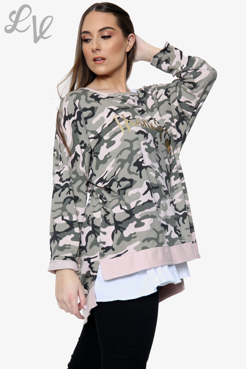 Dames Dankbaar Script Camouflage Sweatshirt Dusty Roze Eenheidsprijs € 13,99