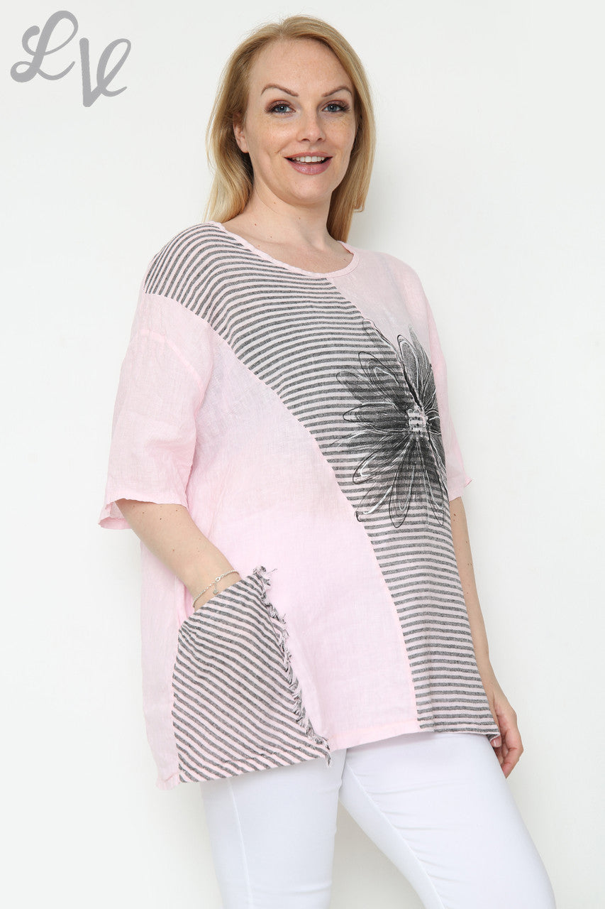 Dames Linnen Top met Bloemen- en Streepmotief Dusty Pink Stukprijs €13,99