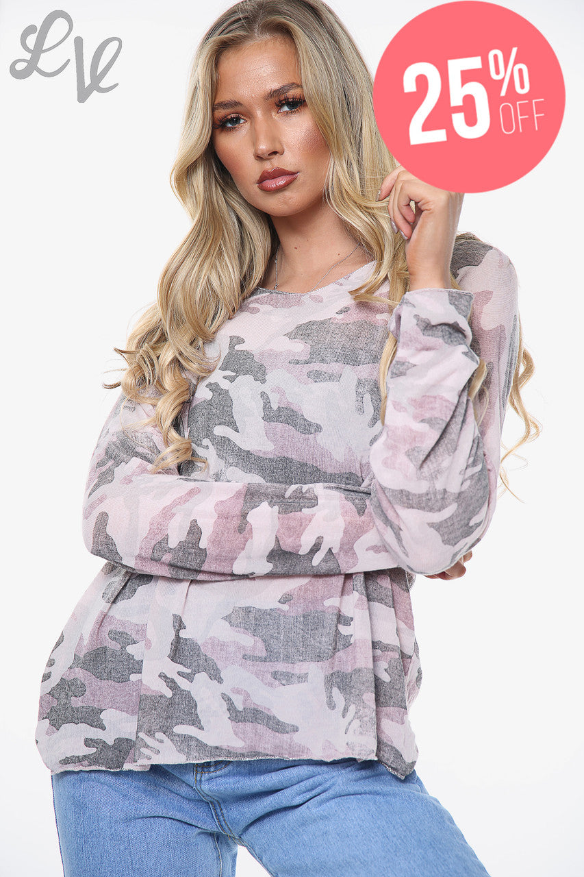 Dames camouflageprint top stoffig roze Stukprijs WAS £ 9,99 NU £ 7,49