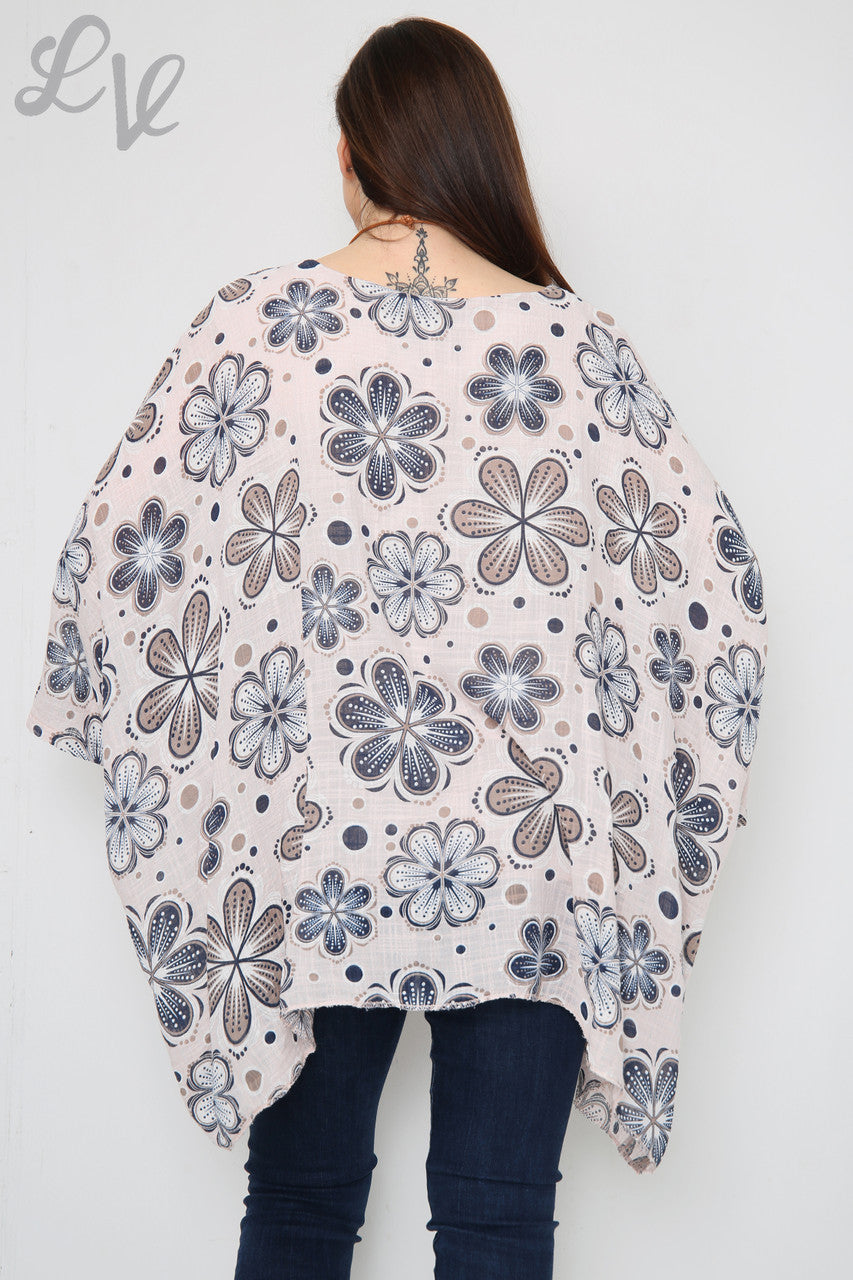 Ladies Flowers Print Batwing Top Dusty Pink