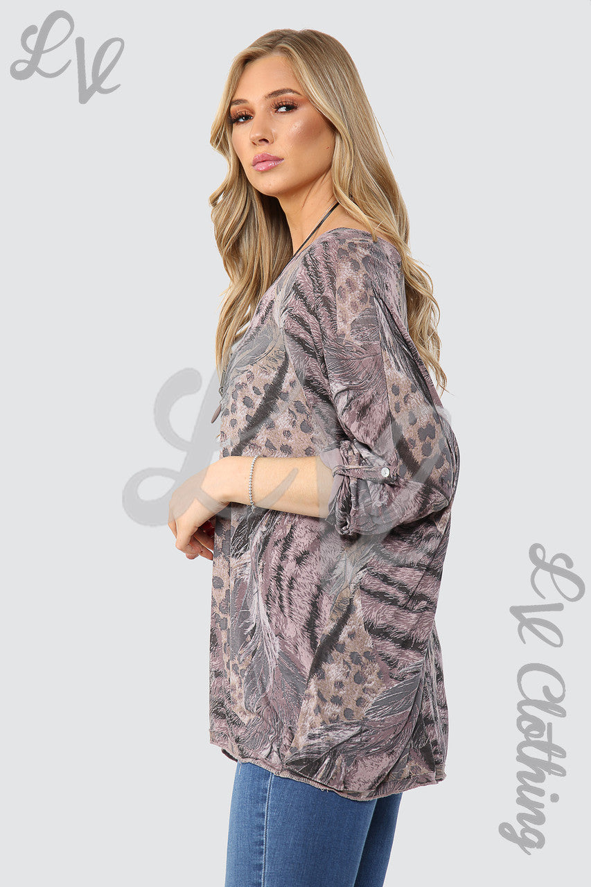 Dames Mix Print Top Met Ketting Dusty Roze Prijs per stuk €9,99