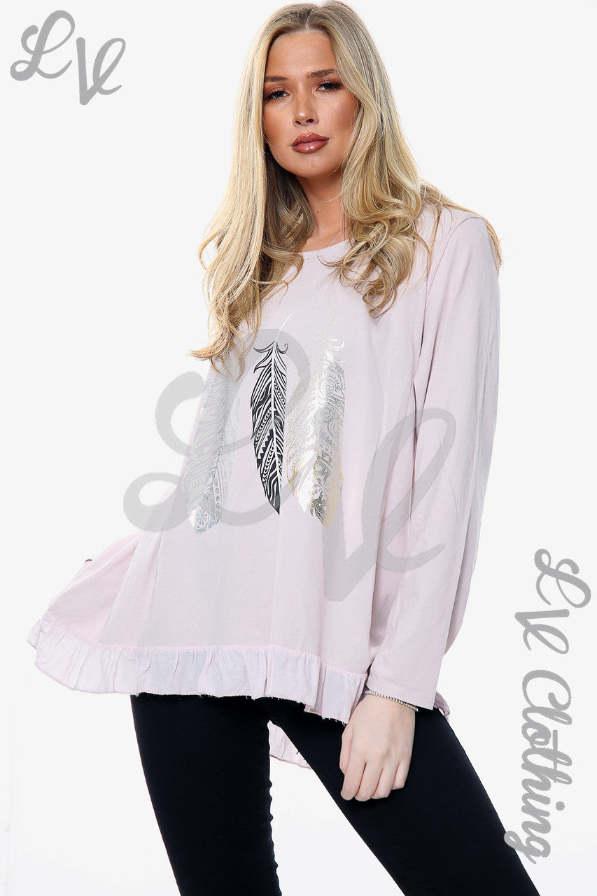 Ladies Feather Print Graphic Top Dusty Pink Unit Price WAS £10.99 NOW £5.49