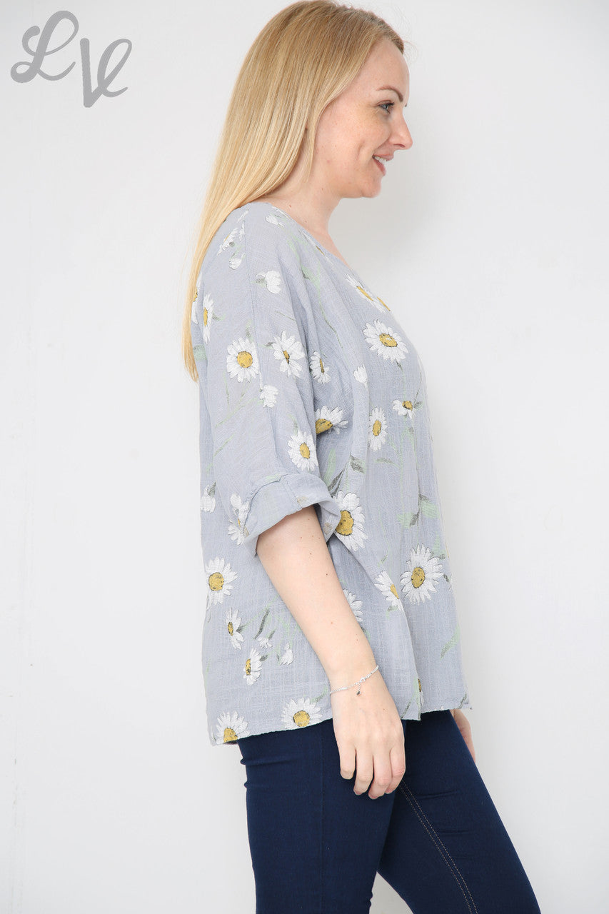 Dames Daisy Bloemenprint Top Grijs - Prijs per stuk € 8,99