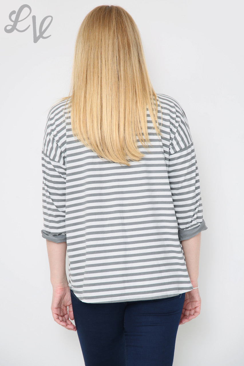 Ladies Striped Roll Sleeve Top Grey Unit Price £8.99