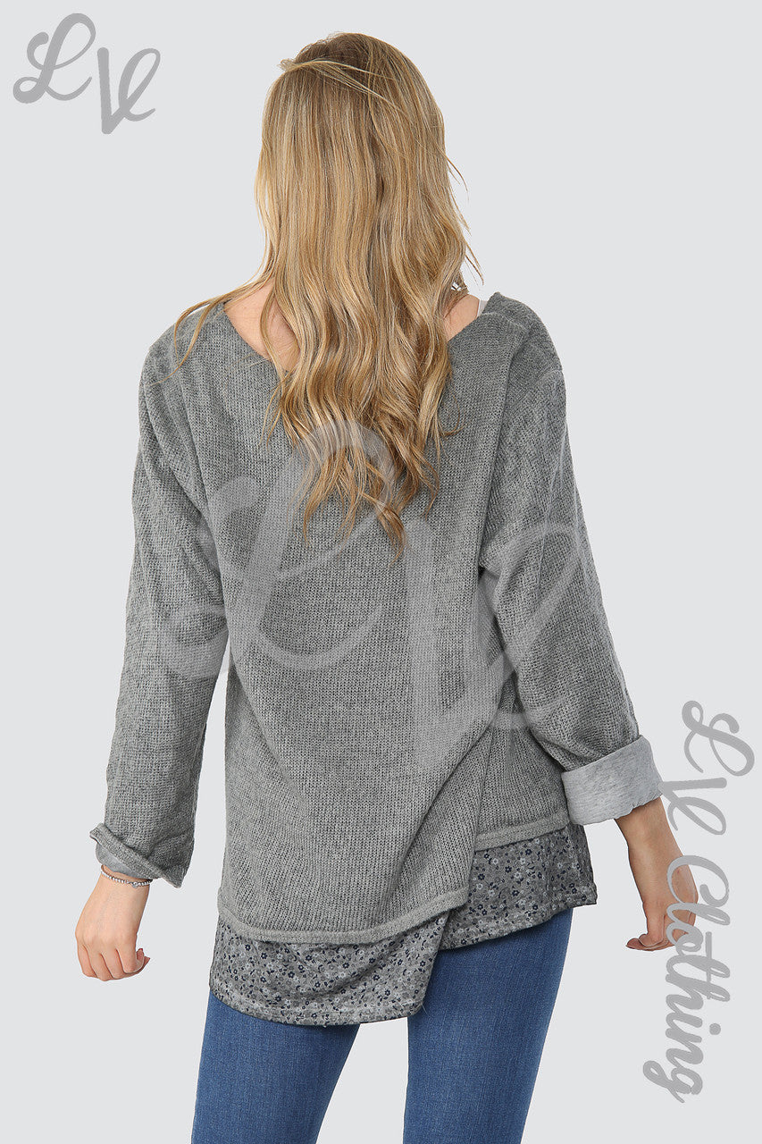 Dames Floral Print Onderlaag Jumper Met Sjaal Grijs - Stukprijs €14.99