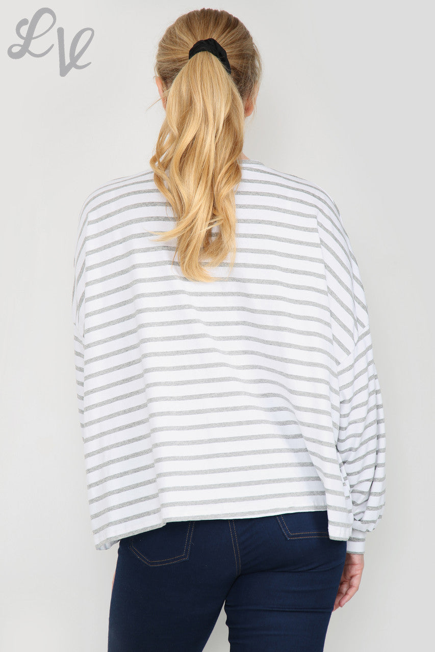Dames gestreepte top met lange mouwen en sterrenmotief, grijs, eenheidsprijs €9,99