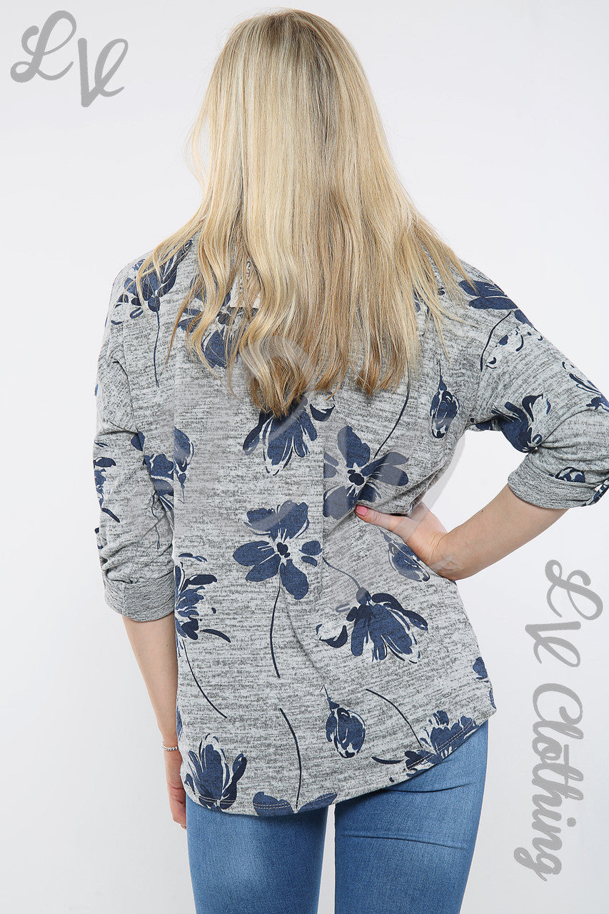 Ladies Marl Floral Print SweatShirt Top Grey - Unit Price £10.99