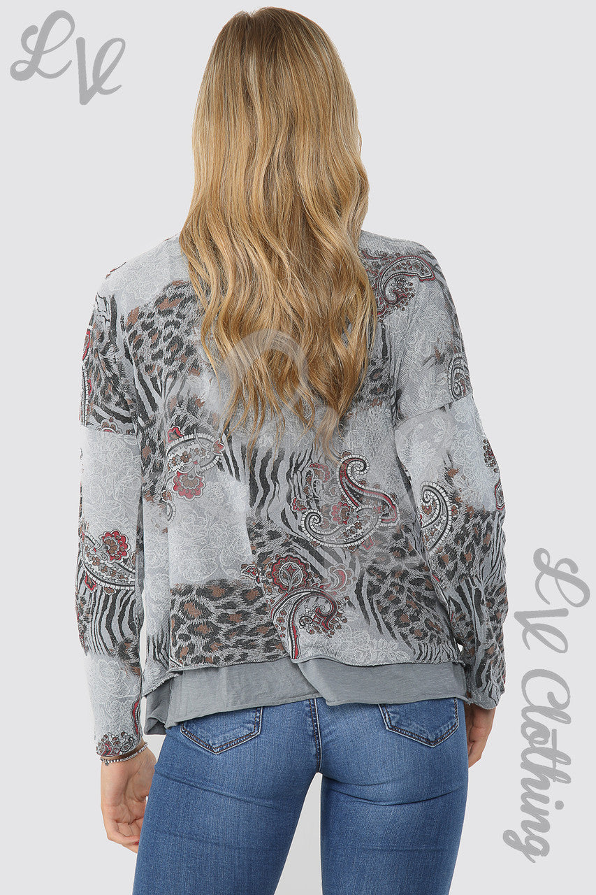 Dames Mix Print 2-Laagse Top Grijs - Stukprijs €12,99