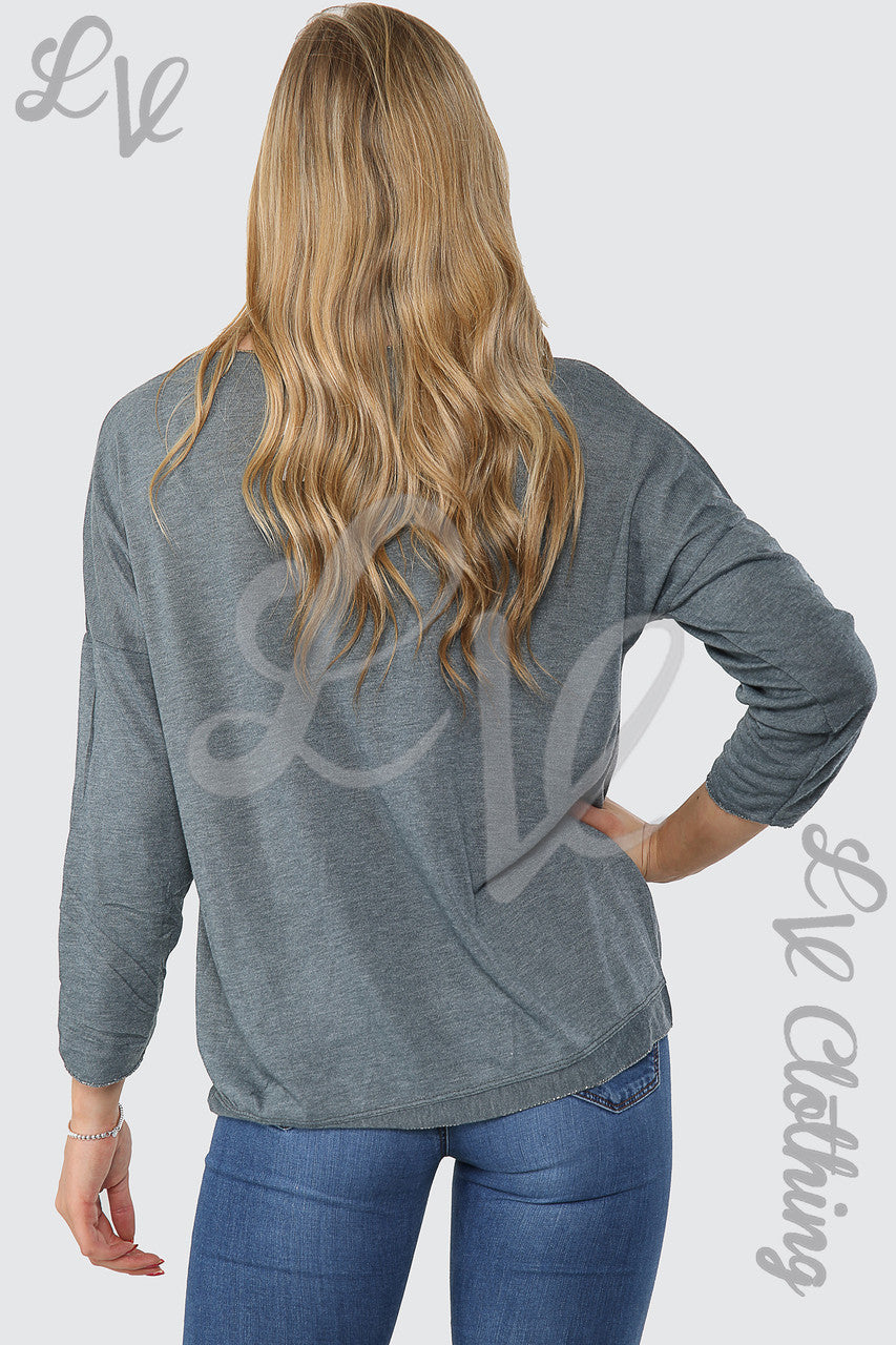 Ladies Shimmer Silver Star Embroidered Top Grey - Unit Price £11.99