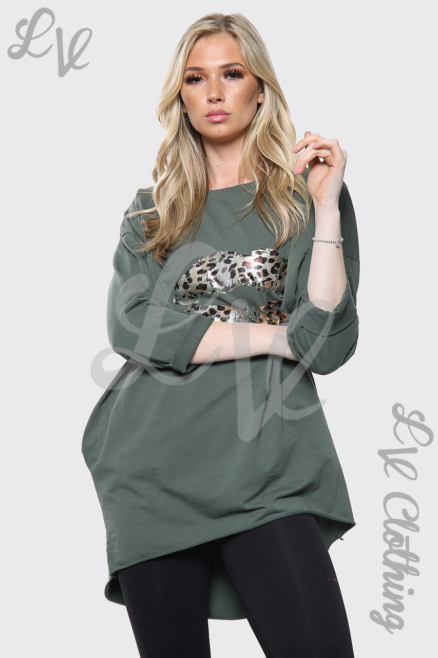 Dames Luipaard Lippenprint Vleermuismouw Oversized Top Khaki Stukprijs €14,99