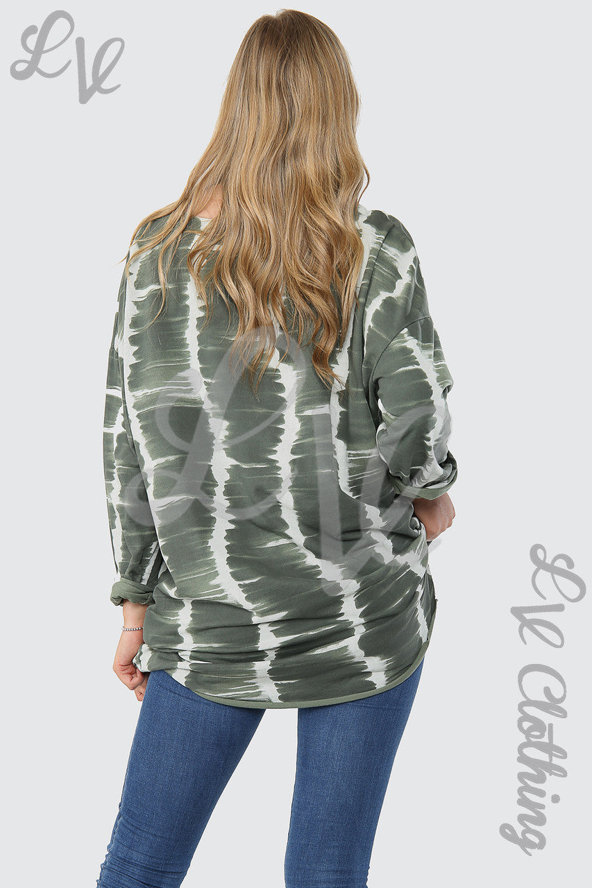 Ladies Tie Dye Print Tunic Top Khaki - Unit Price £14.99