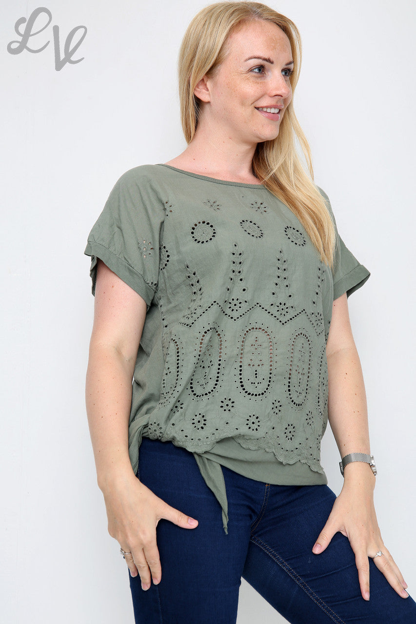 Ladies Anglaise Tie Side Top Khaki - Unit Price £10.99