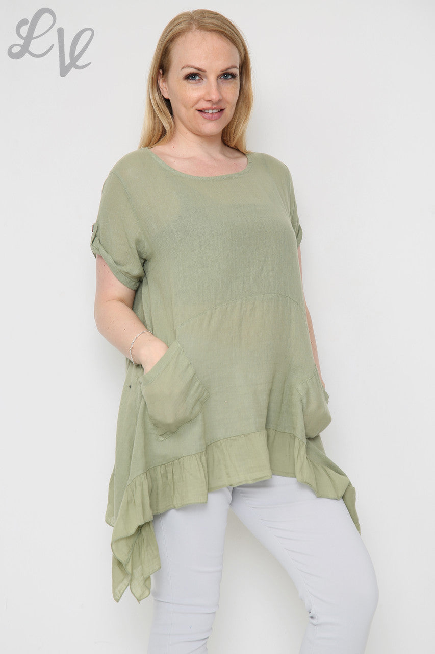 Dames Luchtige Tuniek Top met Ruches Zoomlijn Kaki Stukprijs €9,99