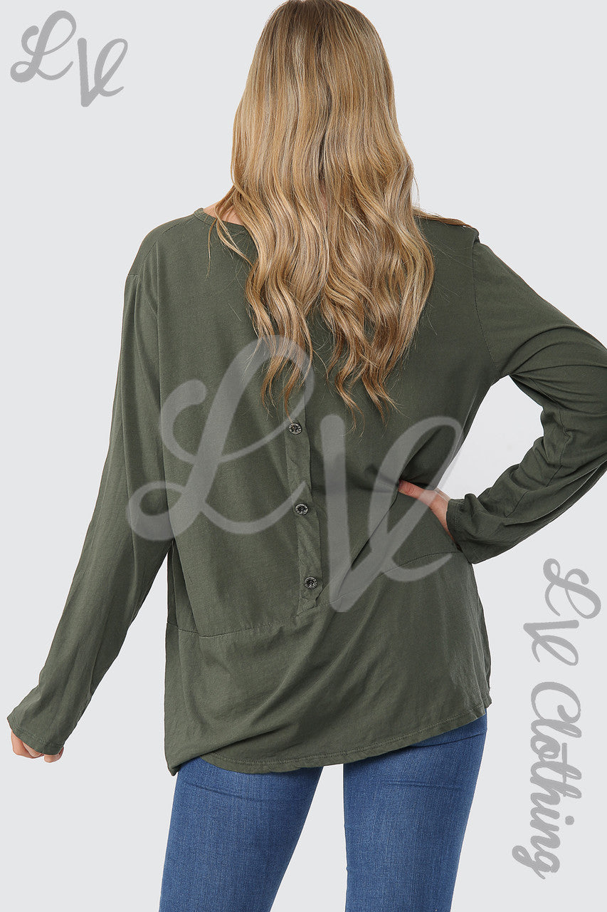 Dames Effen Top Oversized met Knopen Achteraan Khaki - Stukprijs WAS 9,99 NU €4,99