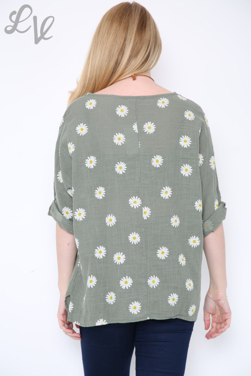 Ladies Daisies Floral Print Top Khaki