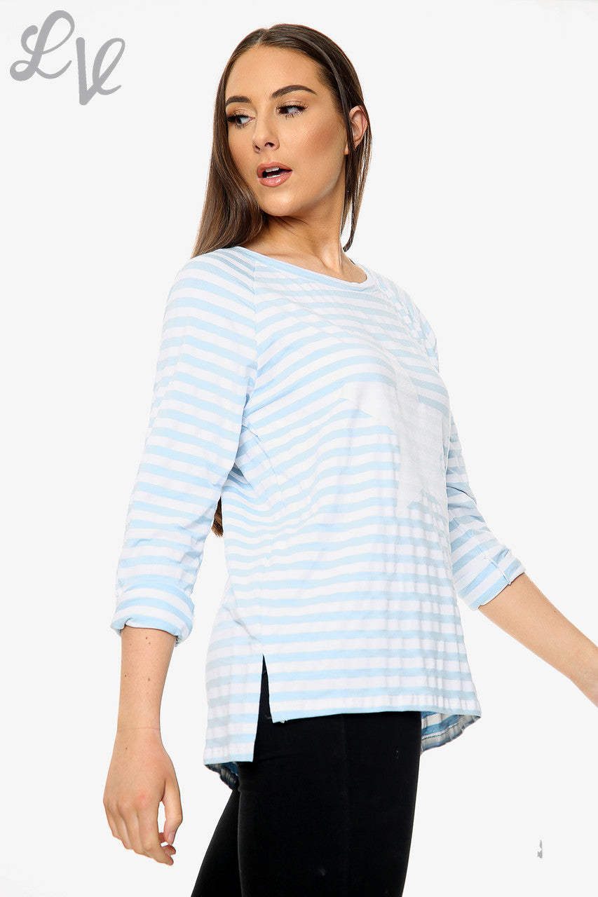 Dames Top met Sterrenstrepen Lichtblauw Stuksprijs WAS £9,99 NU £5