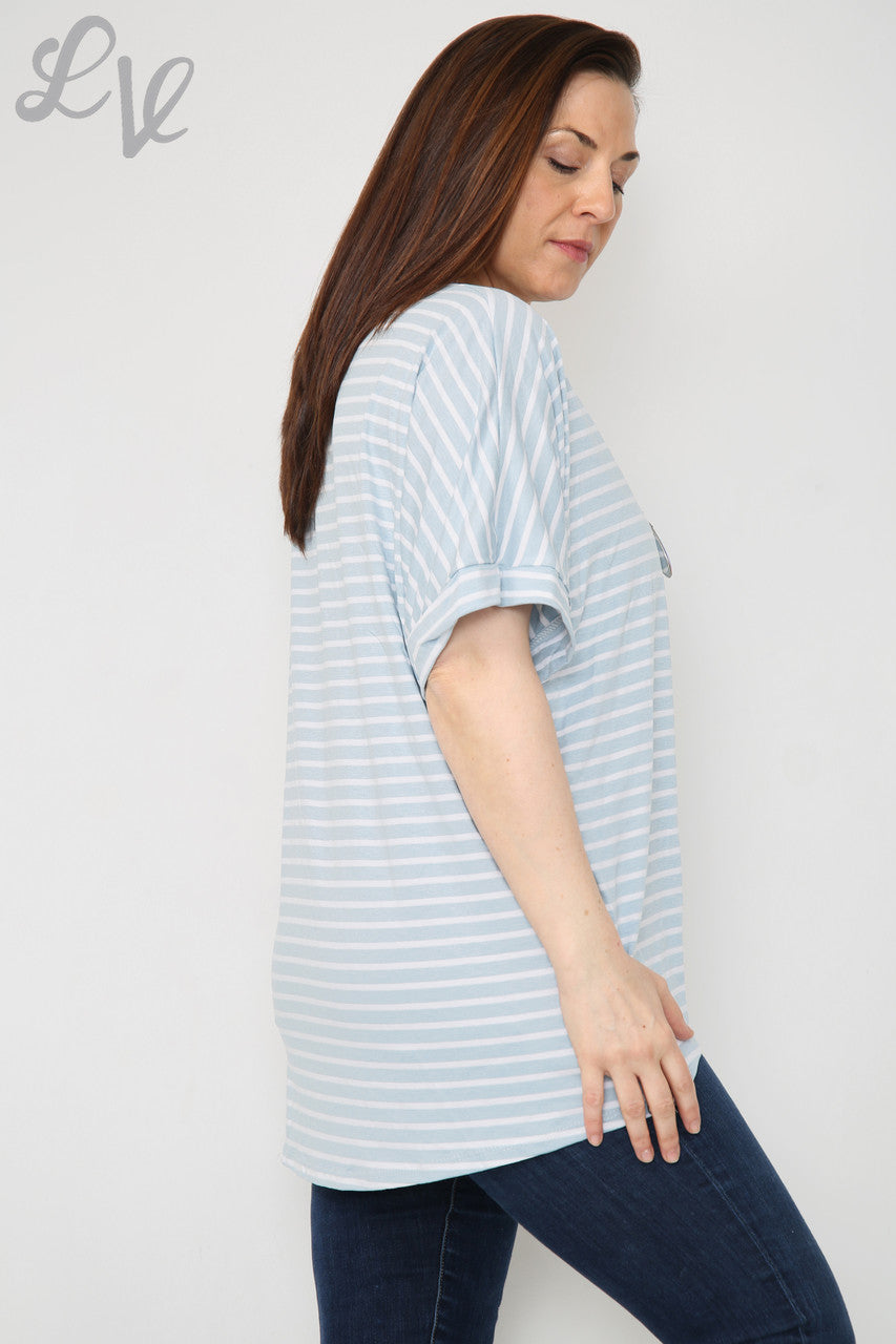 Dames gestreepte top met korte mouwen lichtblauw per stuk WAS £8,99 NU £5