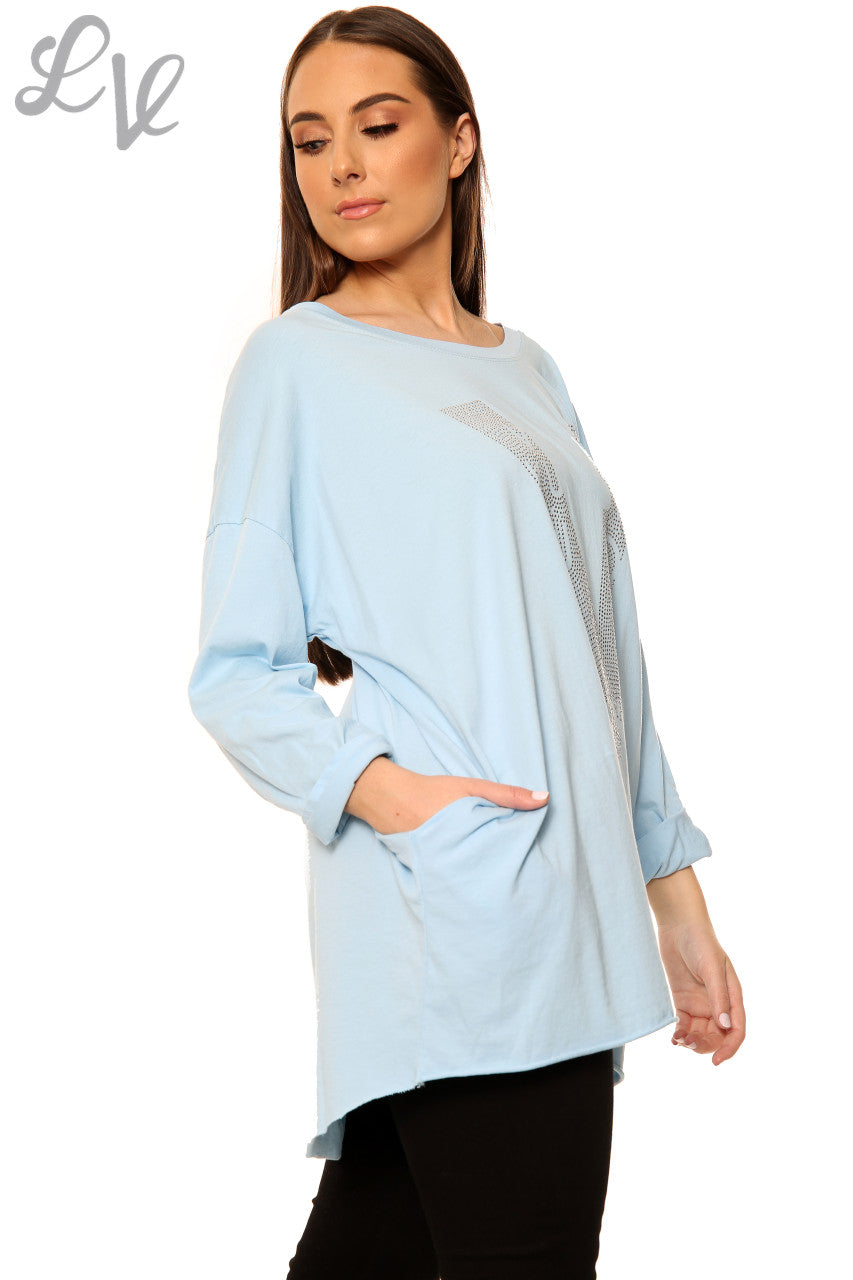 Ladies Diamante Love Top Light Blue Unit Price WAS £12.99 NOW £6.49
