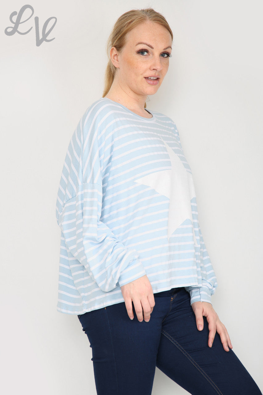 Ladies Stripe Star Long Sleeve Top Light Blue Unit Price WAS £9.99 NOW £5