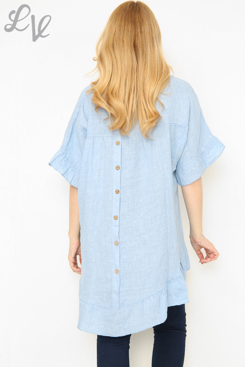 Damesblouse met ruches aan de zoom en knoopsluiting op de rug, lichtblauw, eenheidsprijs € 13,99