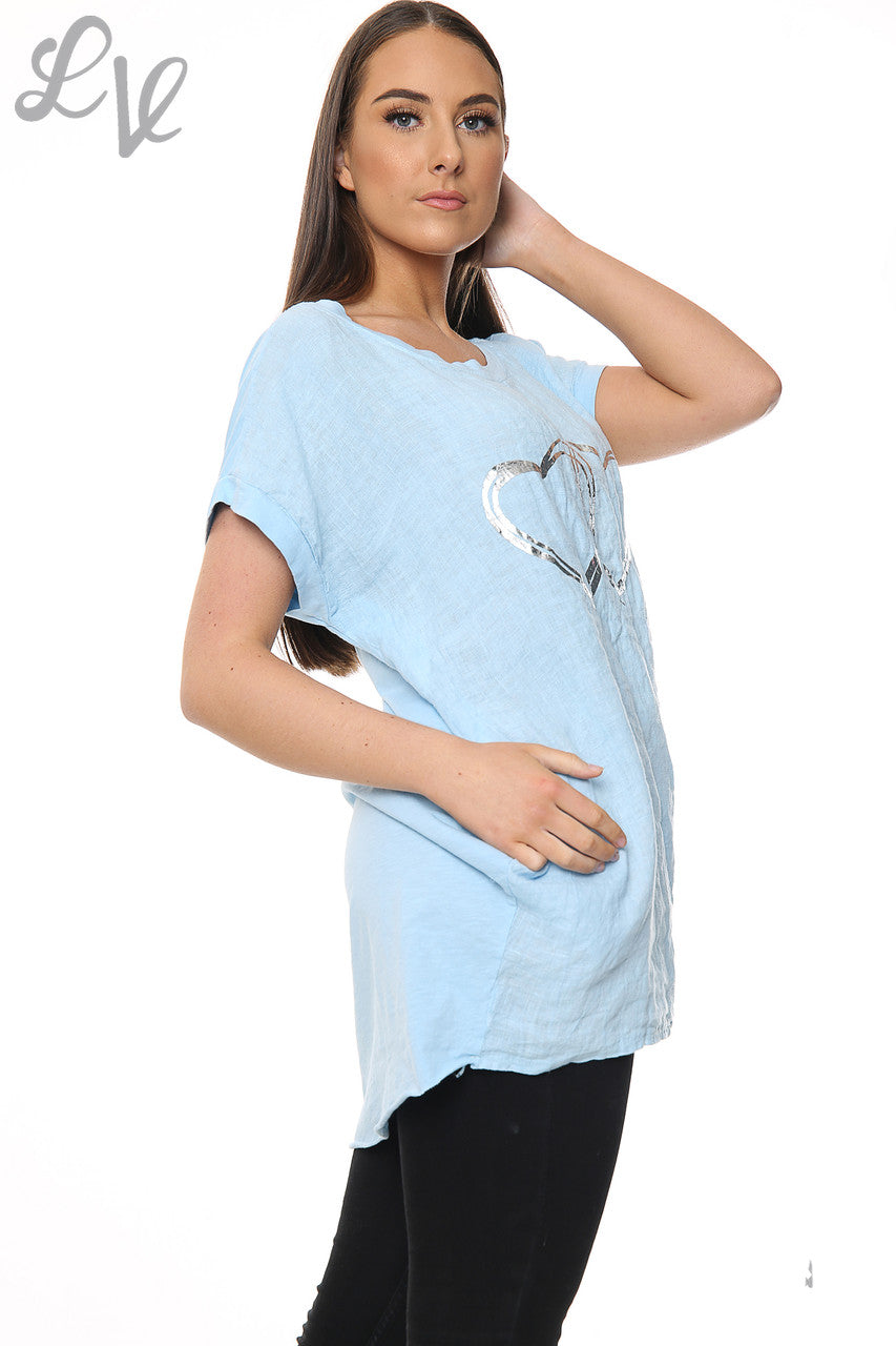 Dames Linnen Voorkant & Katoenen Achterkant Folie Hartjes Top Lichtblauw Stukprijs £7.99
