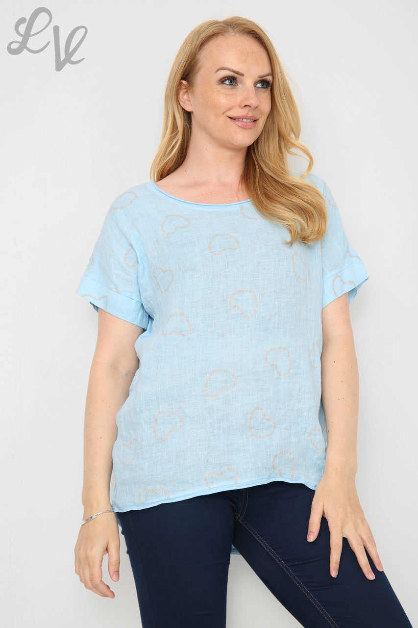 Ladies Glitter Heart Print Top Light Blue Unit Price £9.99