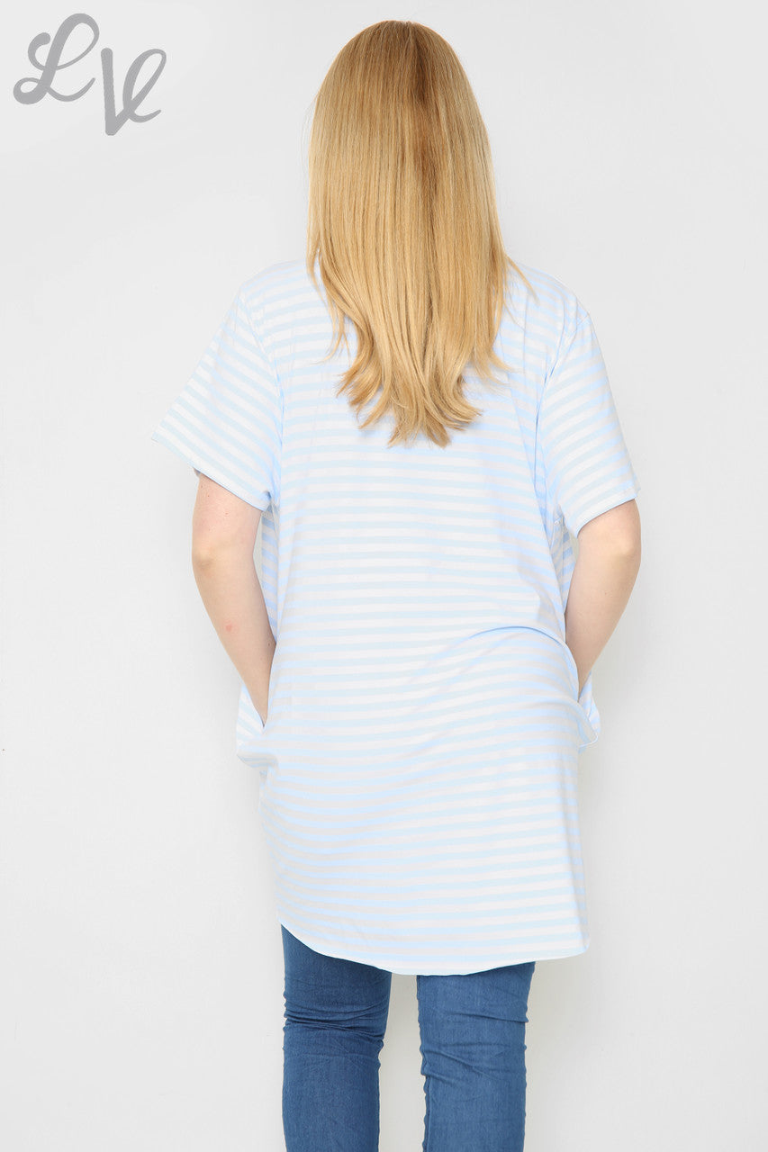 Dames Korte Mouwen Gestreept Sterren Top Lichtblauw Stukprijs €8,99