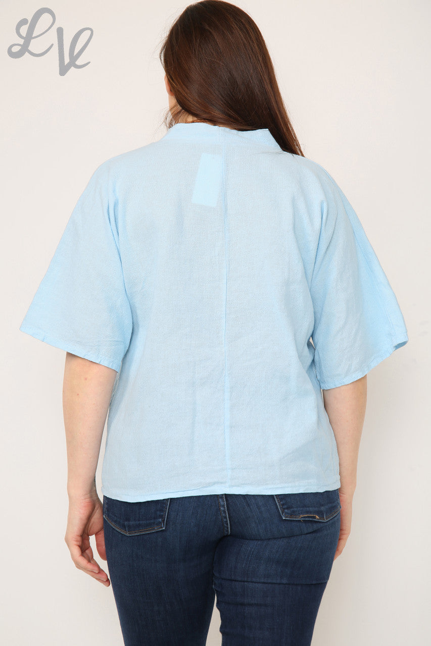 Ladies Linen Plain V-Neck Top With Necklace Light Blue Unit Price £9.99