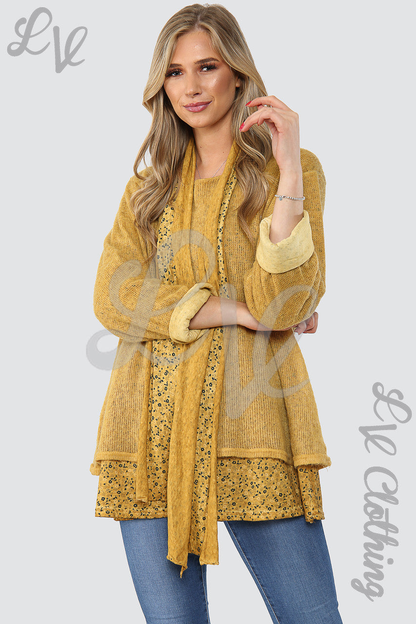 Dames Jumper met Bloemenprint, Onderlaag en Sjaal Mosterd - Stukprijs £16.99