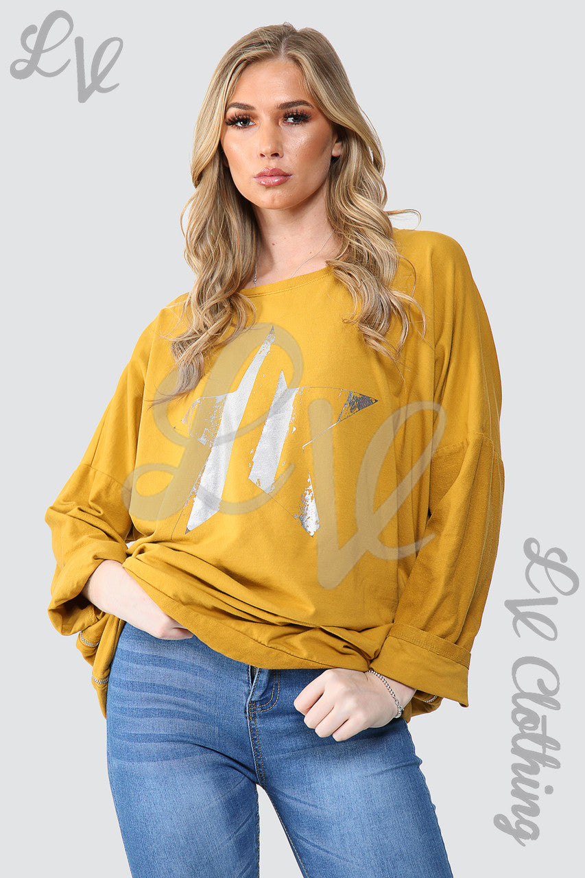 Dames Folie Ster Grafische Sweatshirt Tuniek Top Mosterd - Stukprijs €15,99