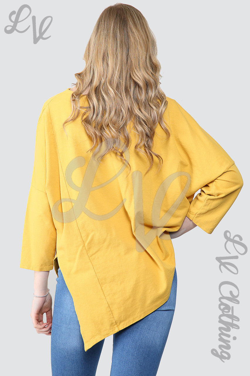 Ladies Silver Foil Star Oversized Tunic Top Mustard - Unit Price £11.99