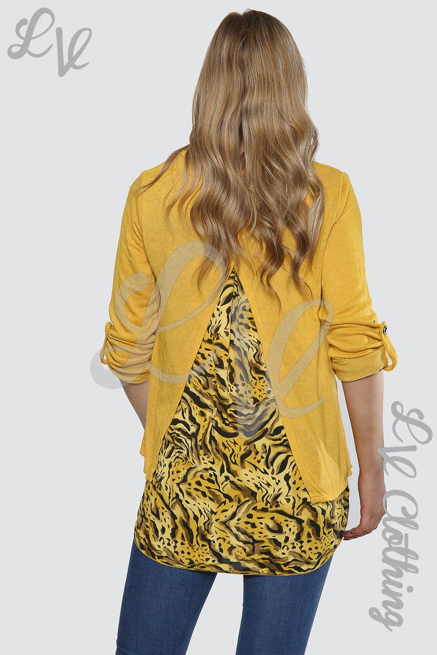 Dames top met luipaardprint (onderlaag) mosterd - Prijs WAS € 12,99 NU € 5,99