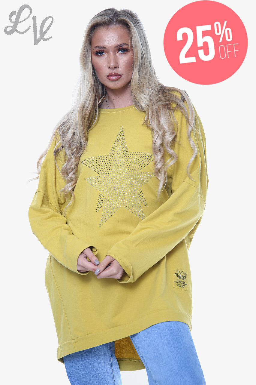Dames Dimante Sterren Sweatshirt Top Mosterd Stukprijs €13,99
